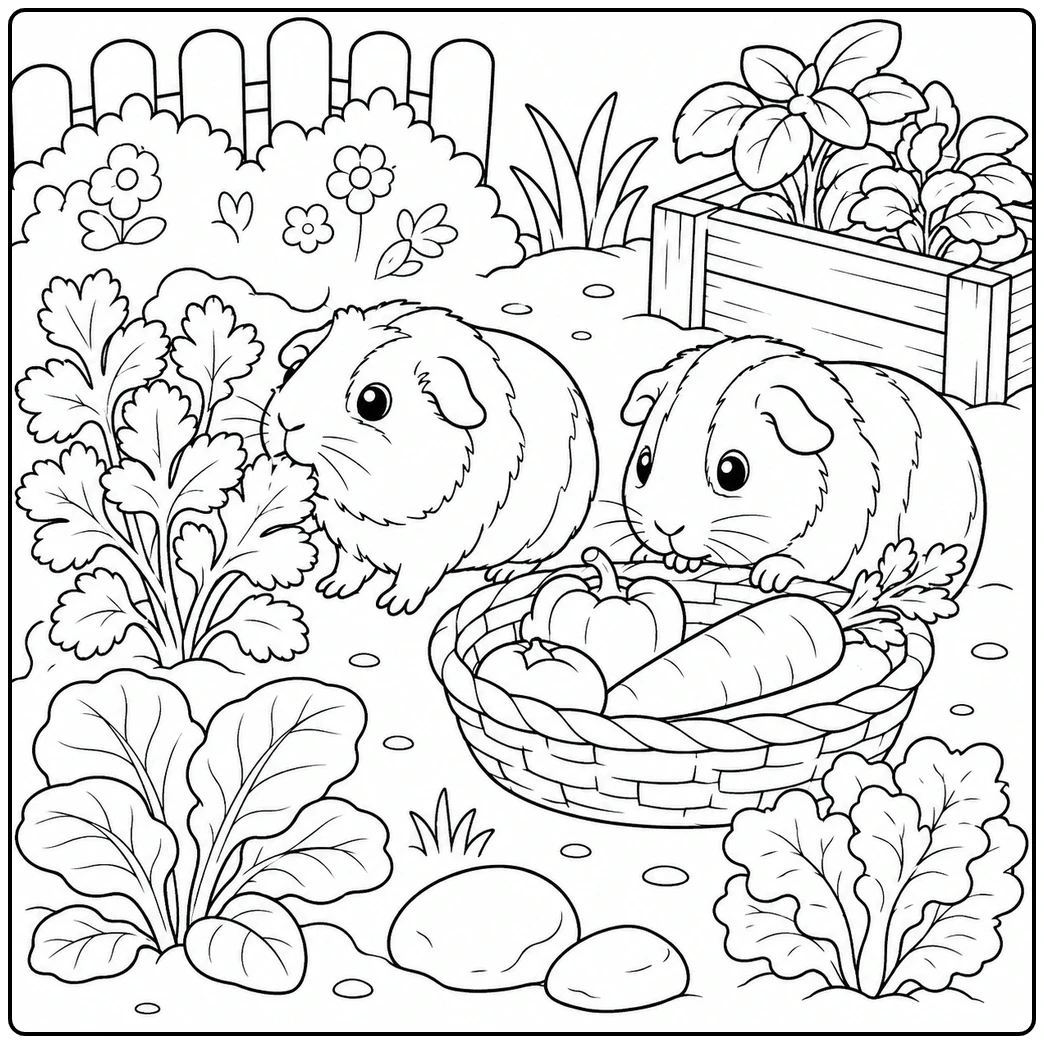 Two guinea pigs in a vegetable garden with a basket of carrots and pumpkins, guinea pigs coloring page
