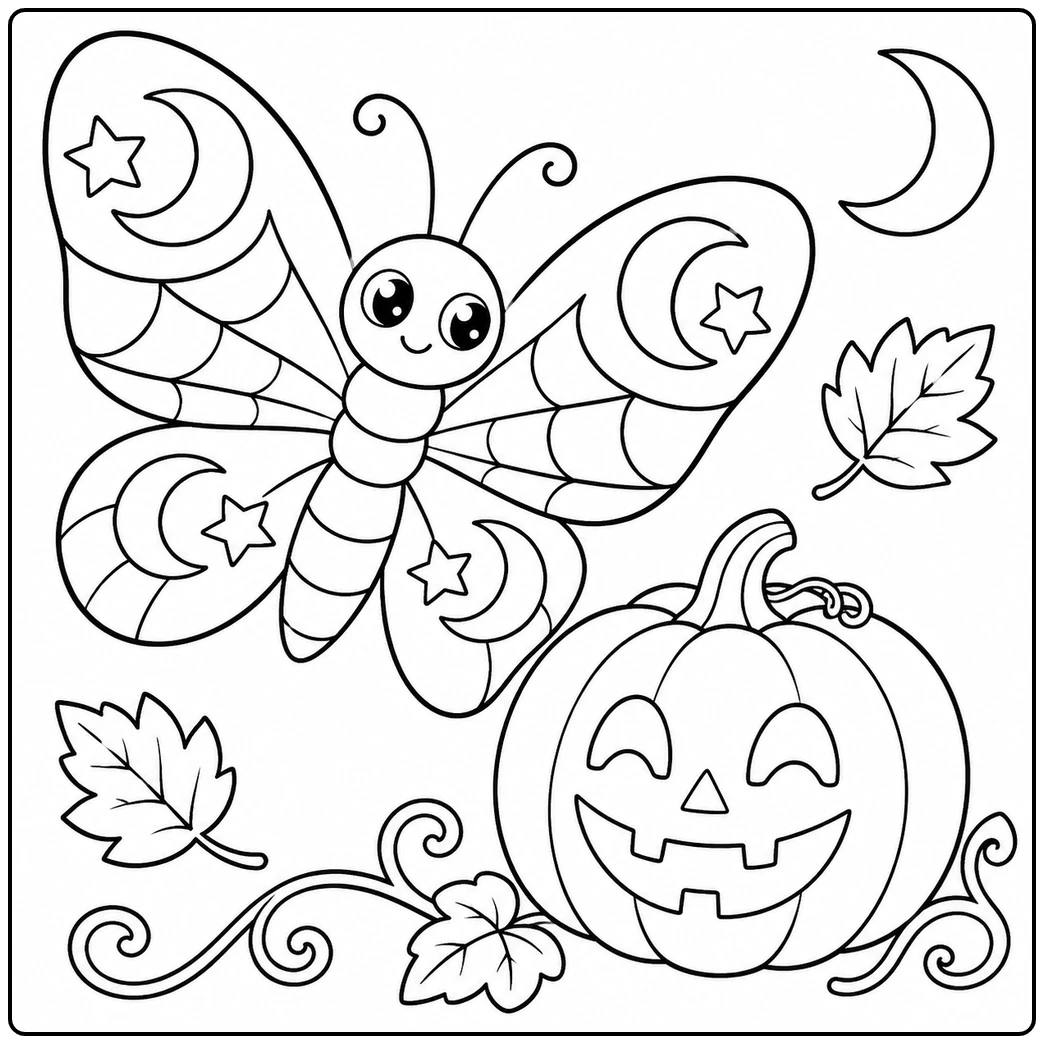 Halloween butterfly with moon-and-star wings beside a jack-o'-lantern and autumn leaves