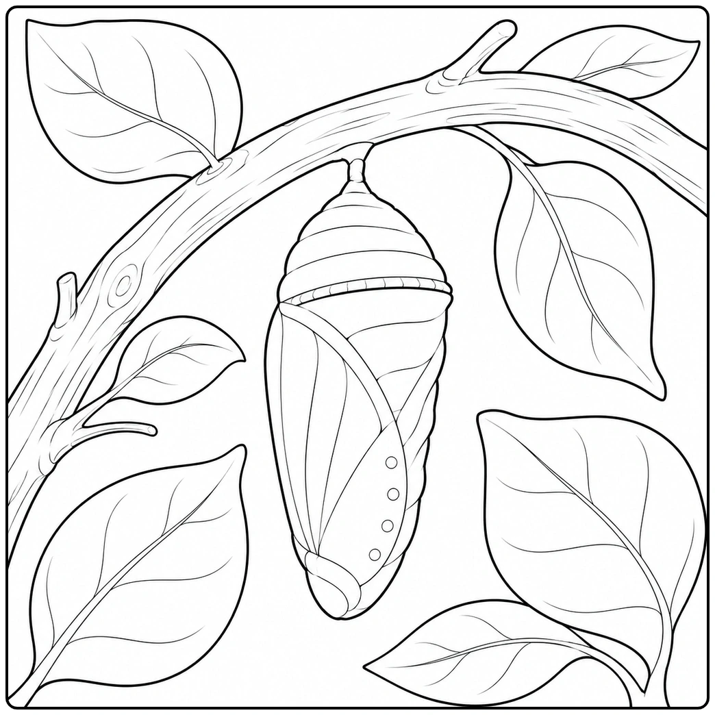 Large hanging chrysalis beneath a branch in a simple butterfly cocoon coloring page.