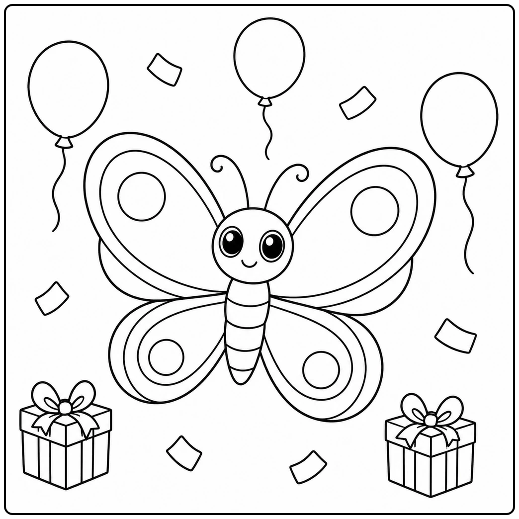Smiling birthday butterfly flying among balloons, gift boxes, and scattered confetti