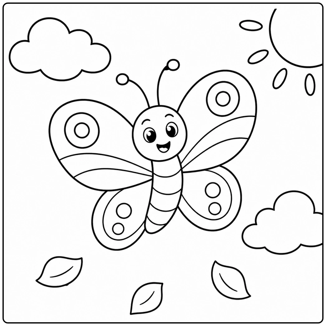 Happy butterfly flying beneath the sun with clouds and drifting leaves