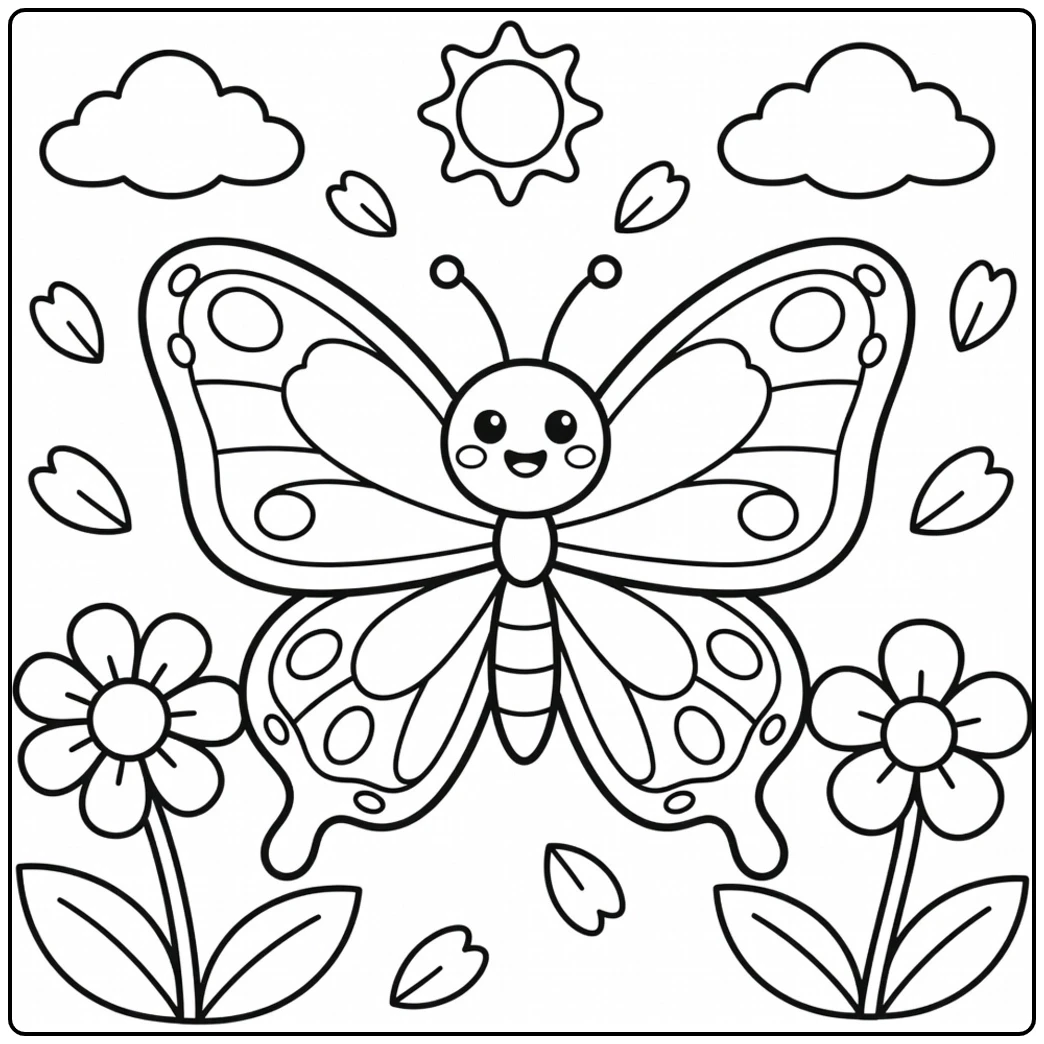Smiling butterfly flying above flowers beneath clouds, sunshine, and falling leaves