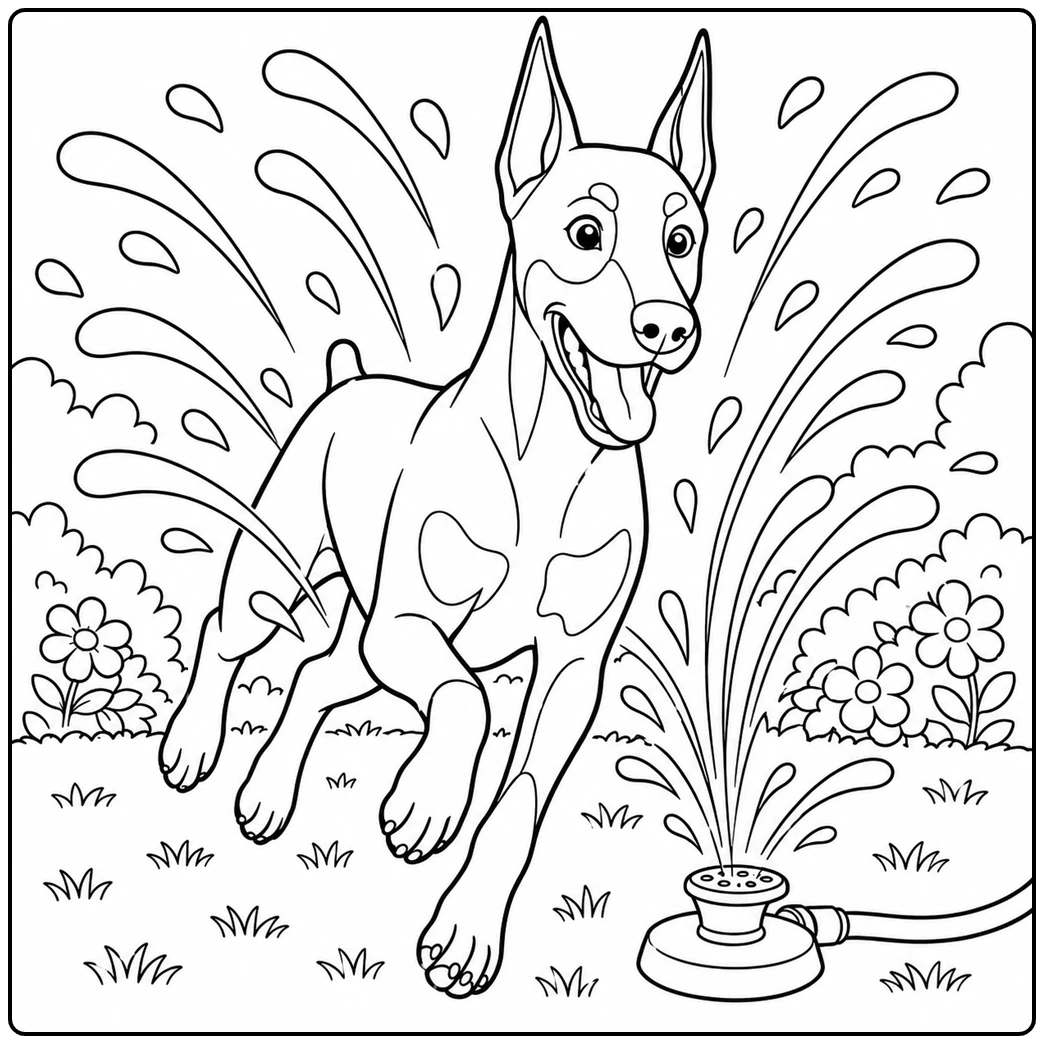 Excited Doberman runs through garden sprinklers with flowers and water splashes