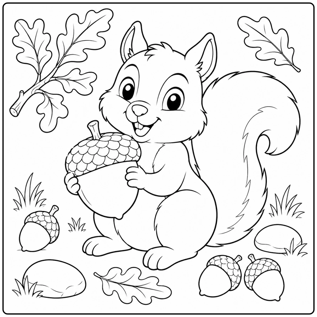 Smiling squirrel hugs a giant acorn among oak leaves, stones, and small grass tufts