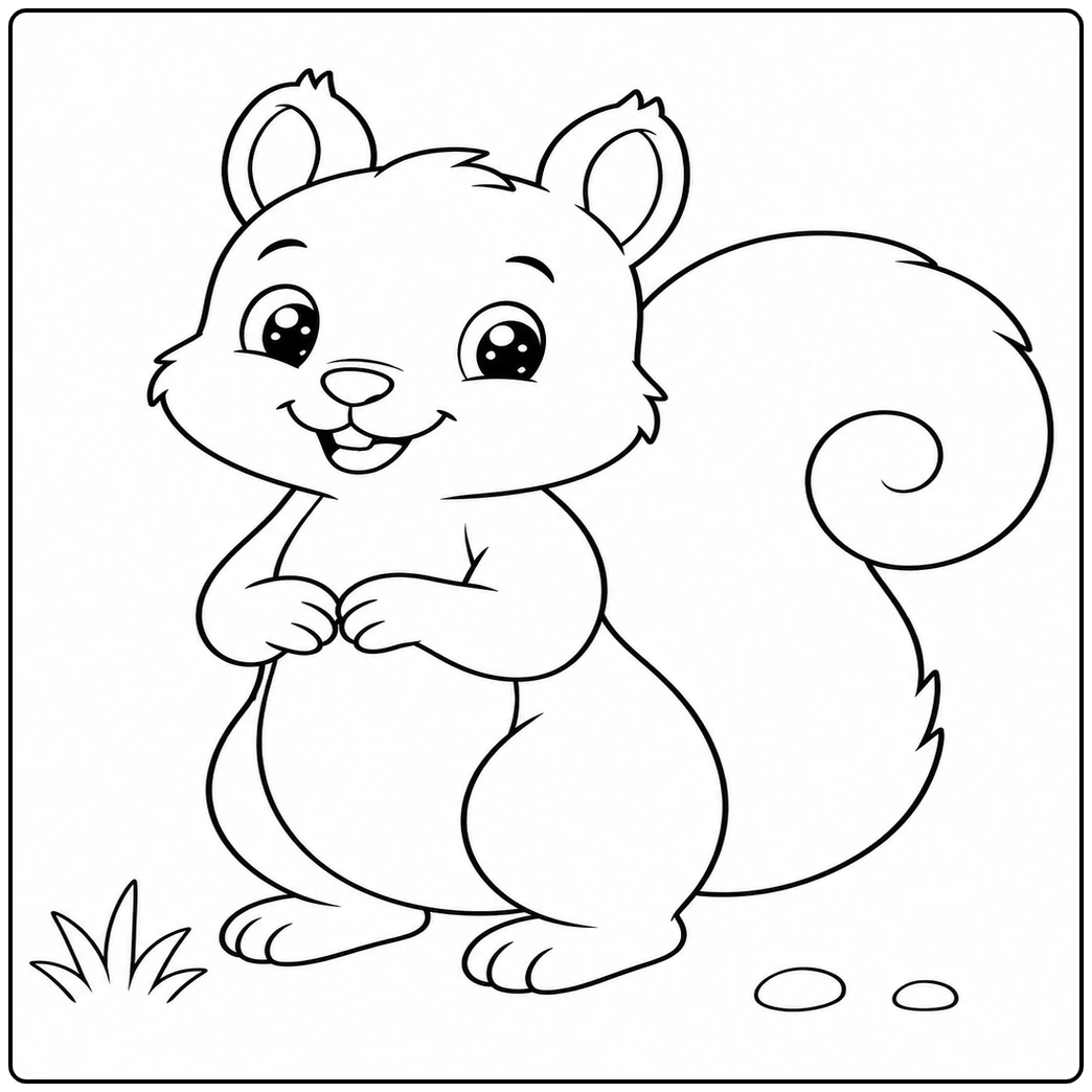 Smiling squirrel with a curled fluffy tail in a Cute & Easy Squirrel Coloring Page
