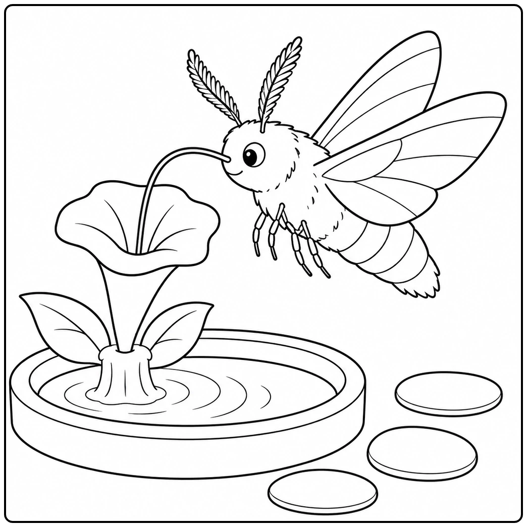 Hawk moth hovers beside a trumpet flower above a small fountain with round stepping stones.