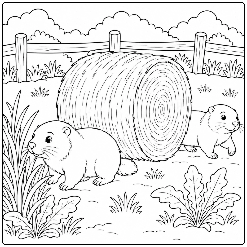 Two groundhogs move around a large round hay bale in a fenced field with grasses and broad leafy plants.