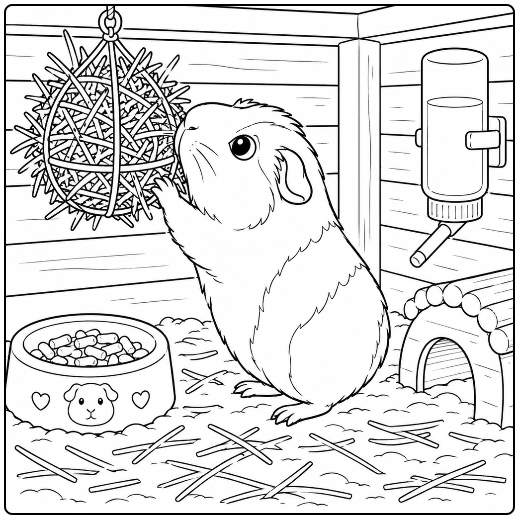 Curious guinea pig sniffing a hanging hay ball inside a wooden hutch with a food bowl nearby