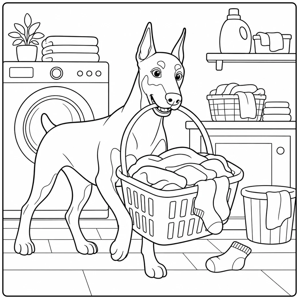 Helpful Doberman carries a laundry basket in a doberman coloring page set in a washroom