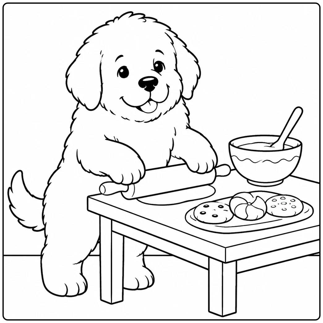 Happy Newfoundland puppy rolling dough beside a mixing bowl and large bakery treats