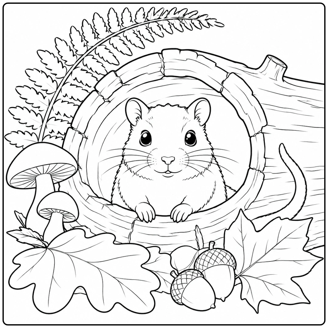 Gerbil peeking from a hollow log beside mushrooms, acorns, autumn leaves, and a large fern