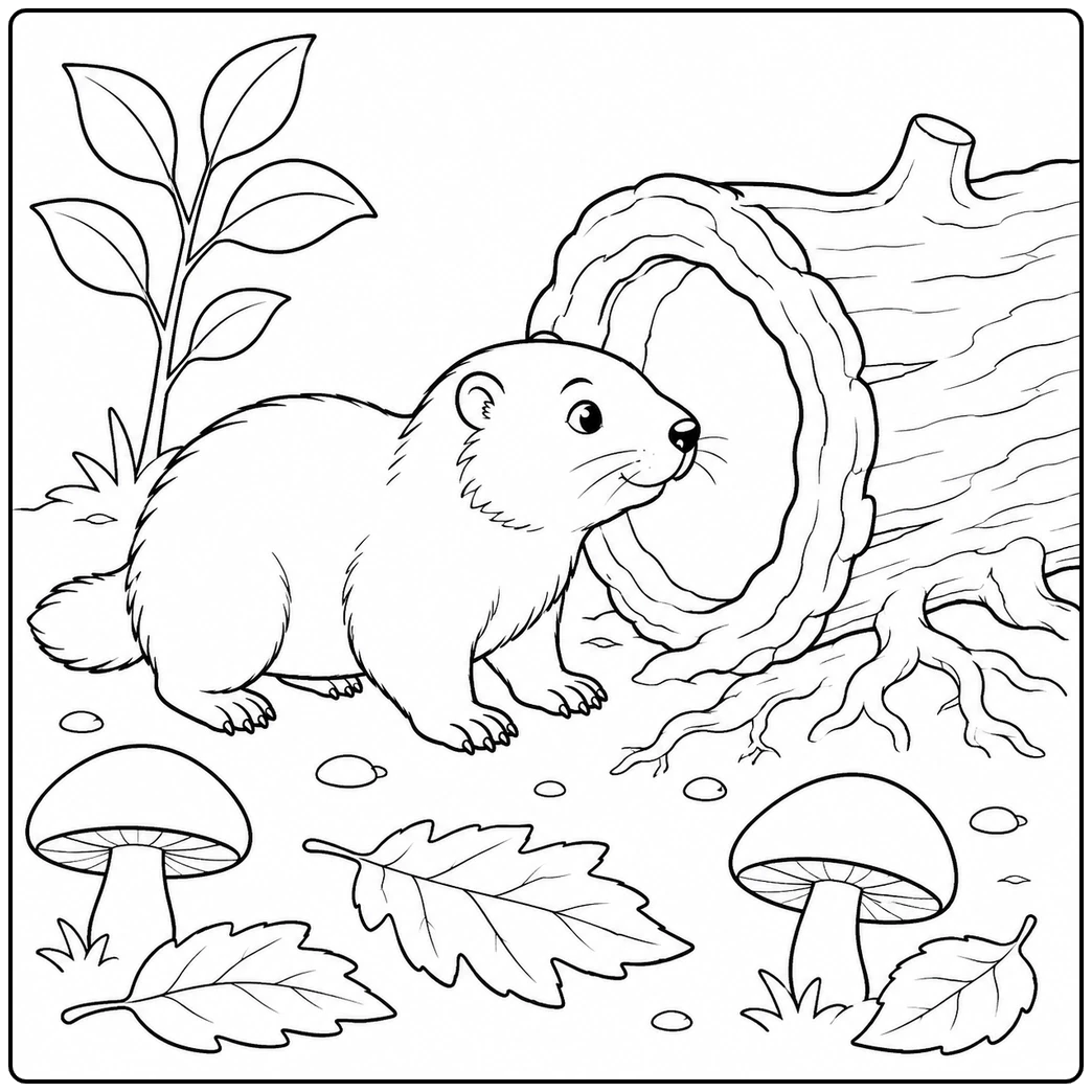 Beside mushrooms and fallen leaves, a groundhog coloring page features the animal near a hollow log.