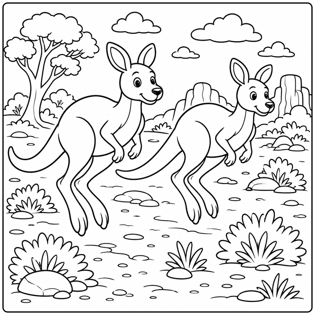 Two kangaroos hop side by side through open bushland with shrubs, scattered grass, trees, and clouds.