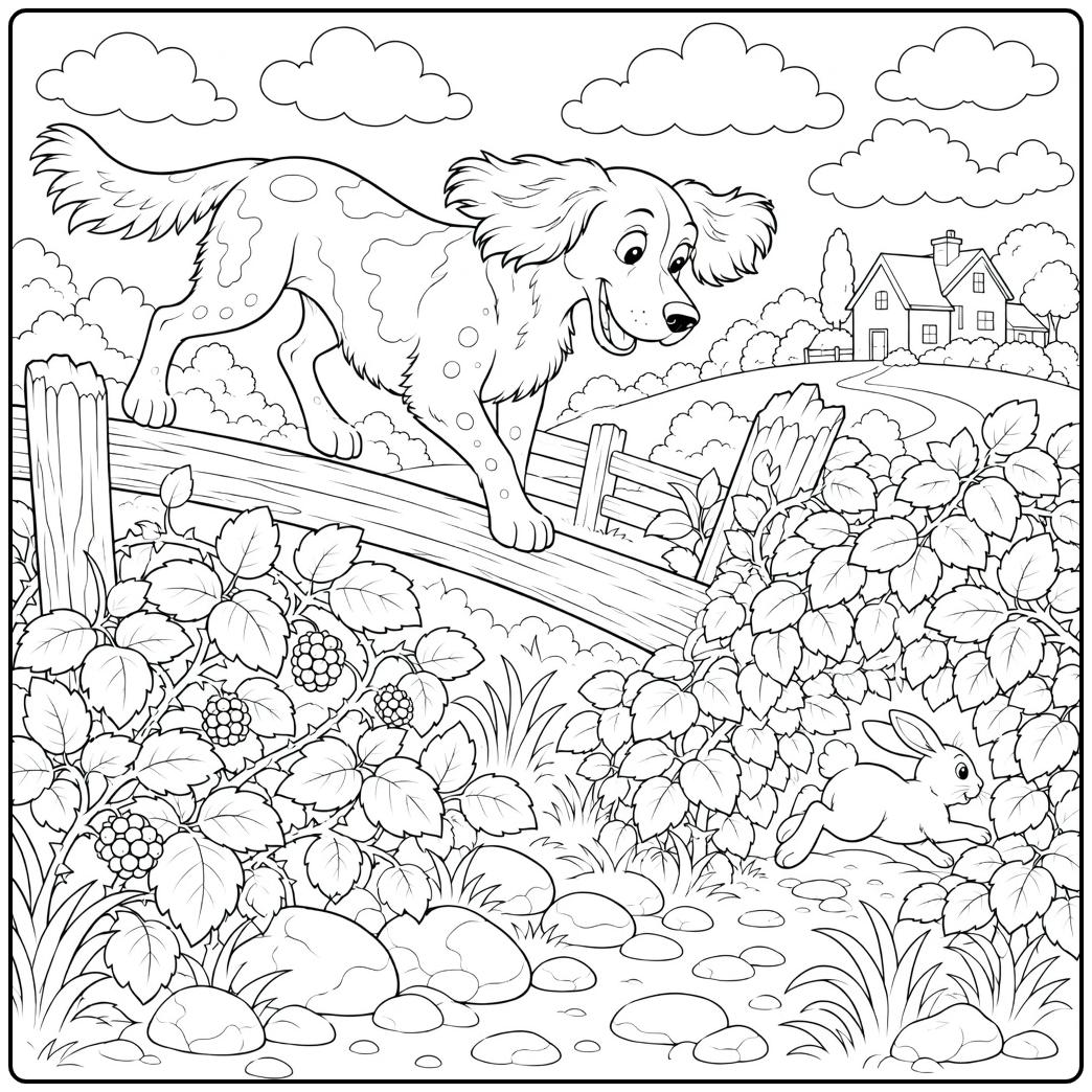 Hunting dog coloring page with rabbit running scene