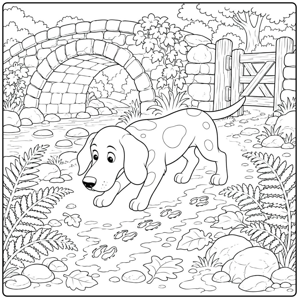 Hunting dog coloring page of spotted canine walking