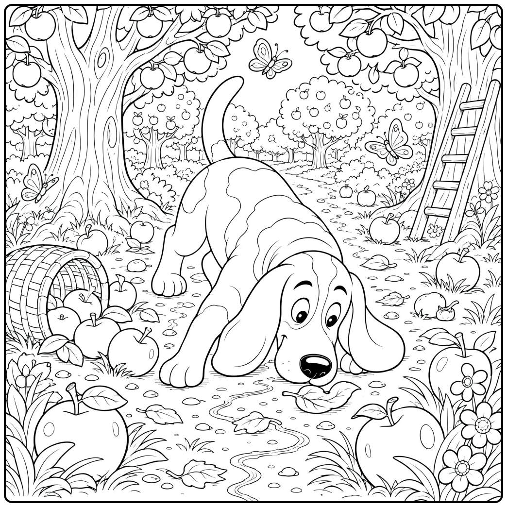 Hunting dog coloring page with spotted dog and apples
