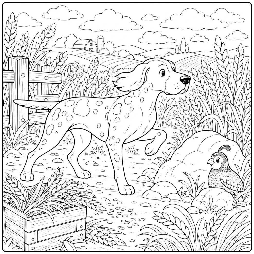 Hunting dog coloring page with bird on rocks and farm fence