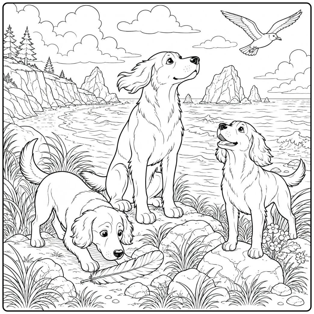 Hunting dog coloring page of dogs and bird by ocean