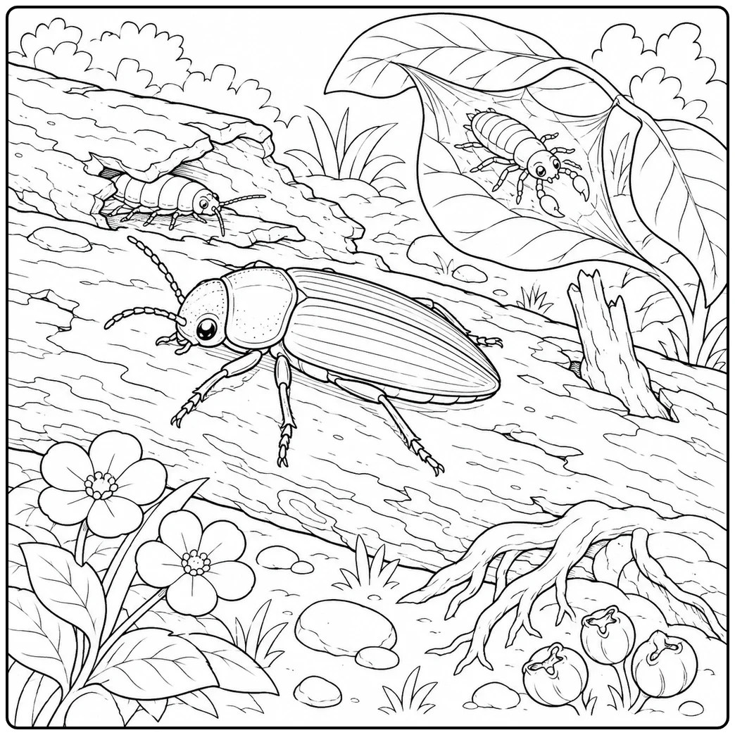 Large jewel beetle crossing a fallen log with two smaller insects tucked among bark and leaves