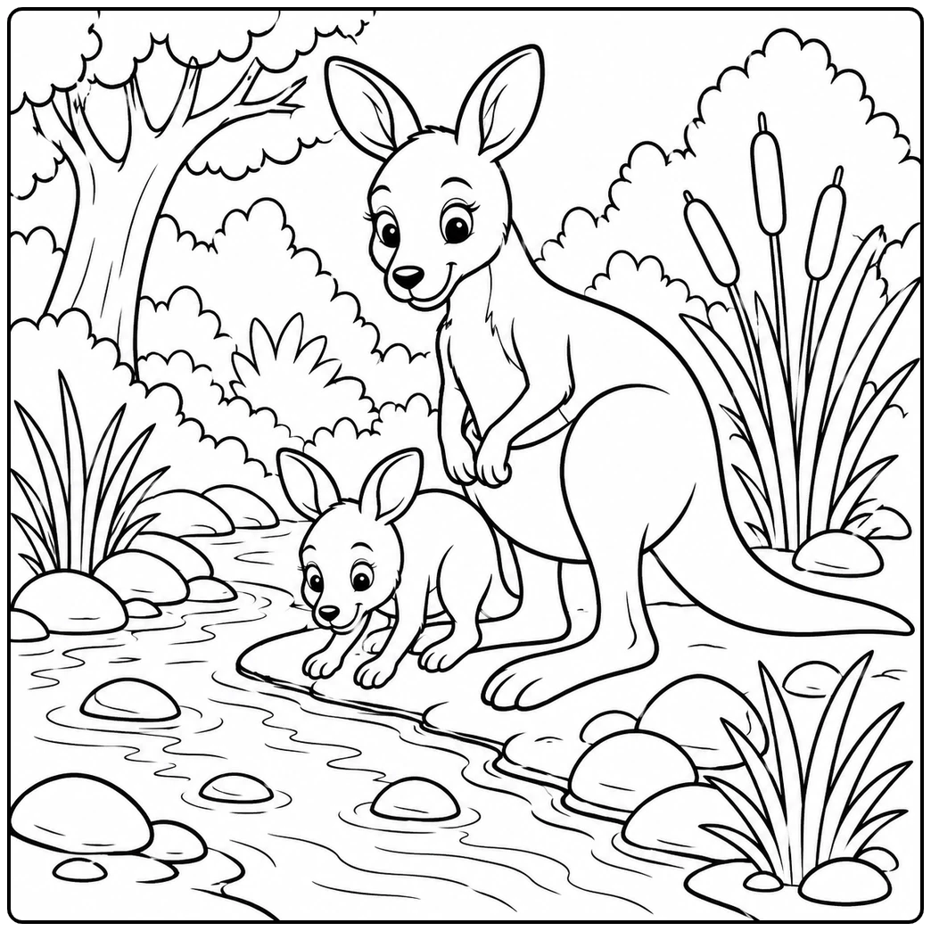Adult kangaroo watches a small joey walking along a shallow rocky creek bordered by dense bushland plants.