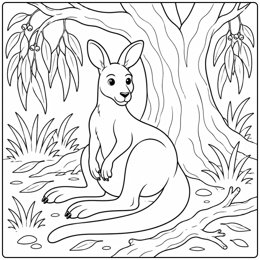 Seated kangaroo rests beneath a large leafy tree, framed by exposed roots, grass, and bushland plants.
