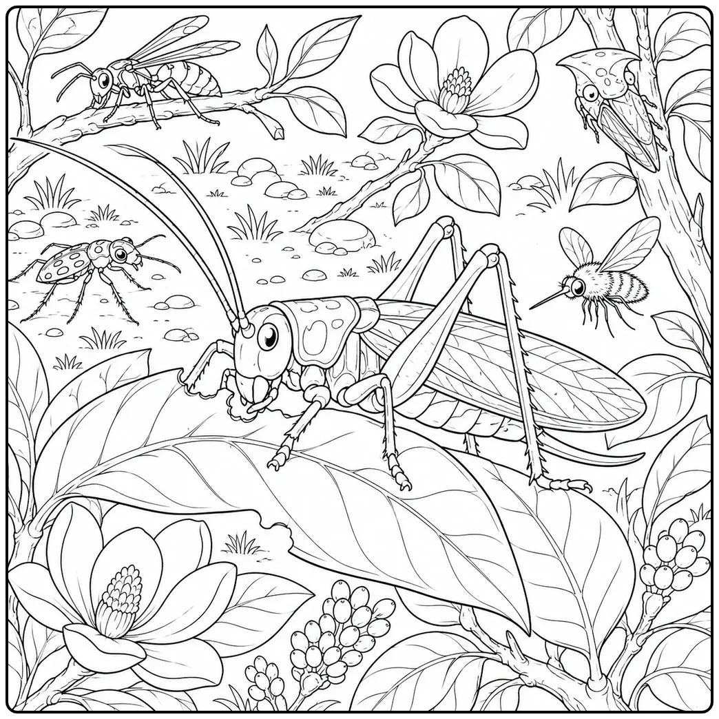 Large katydid feeds on a broad leaf as smaller insects appear around a lush hedgerow scene
