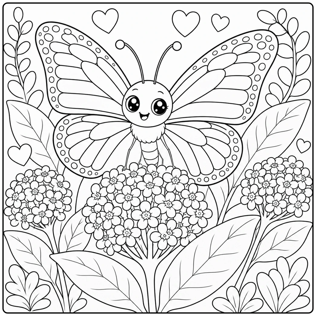 Wide-eyed butterfly hovers above dense flower clusters, leafy stems, and floating hearts.