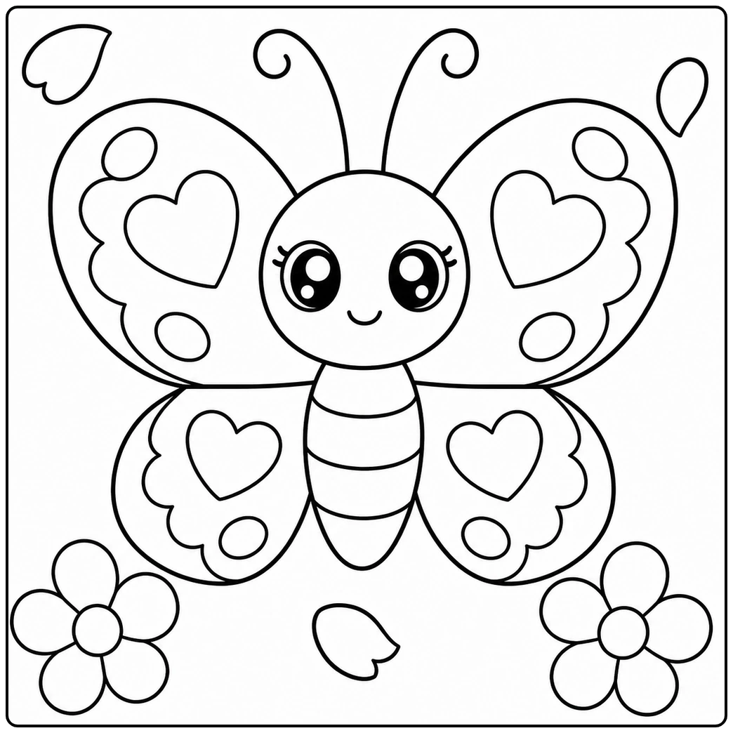 Kawaii butterfly with heart-patterned wings surrounded by flowers and falling petals