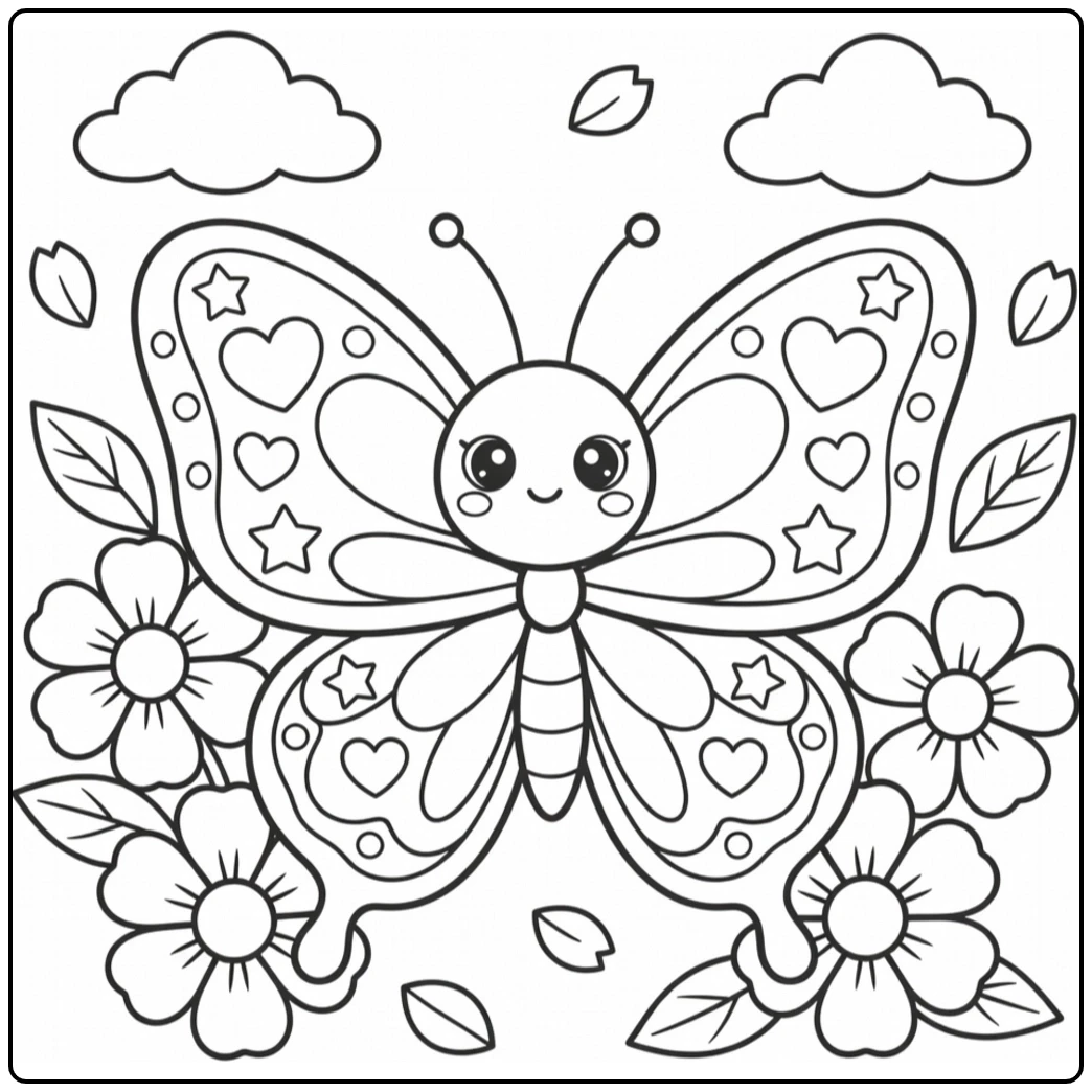 Kawaii butterfly coloring page with heart and star wing patterns above flowers