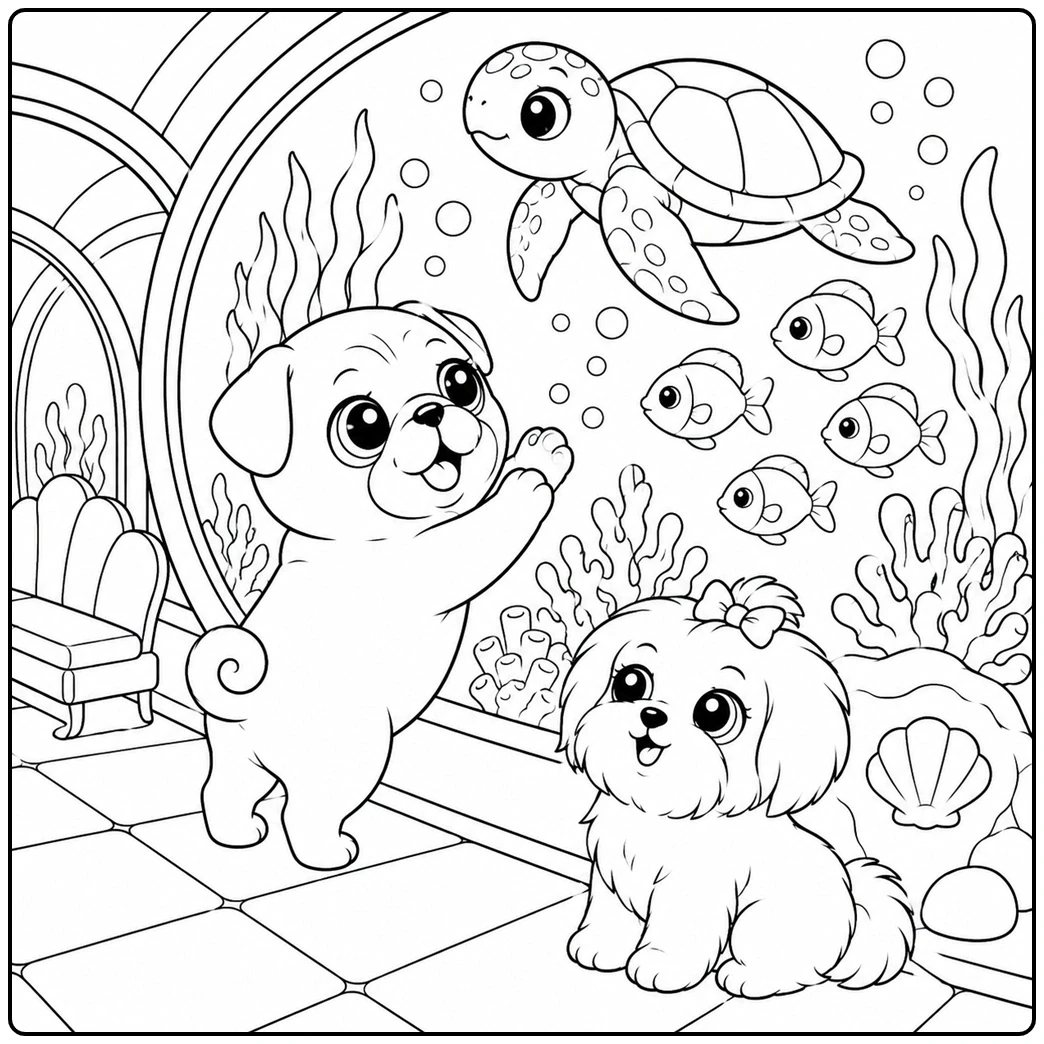Two puppies explore an aquarium in a kawaii dog coloring page with a sea turtle and fish