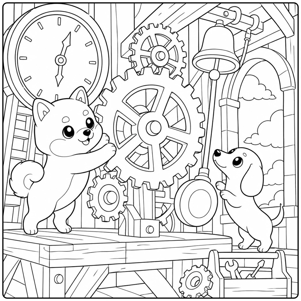 Curious puppies stand among giant gears, a clock, and a hanging bell in a whimsical workshop