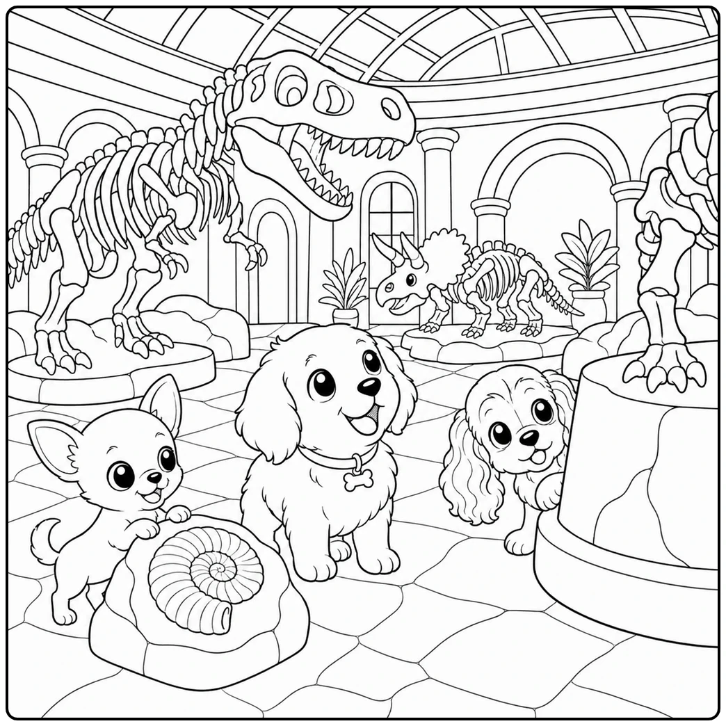 Three puppies visit a dinosaur museum beneath a large skeleton and fossil displays
