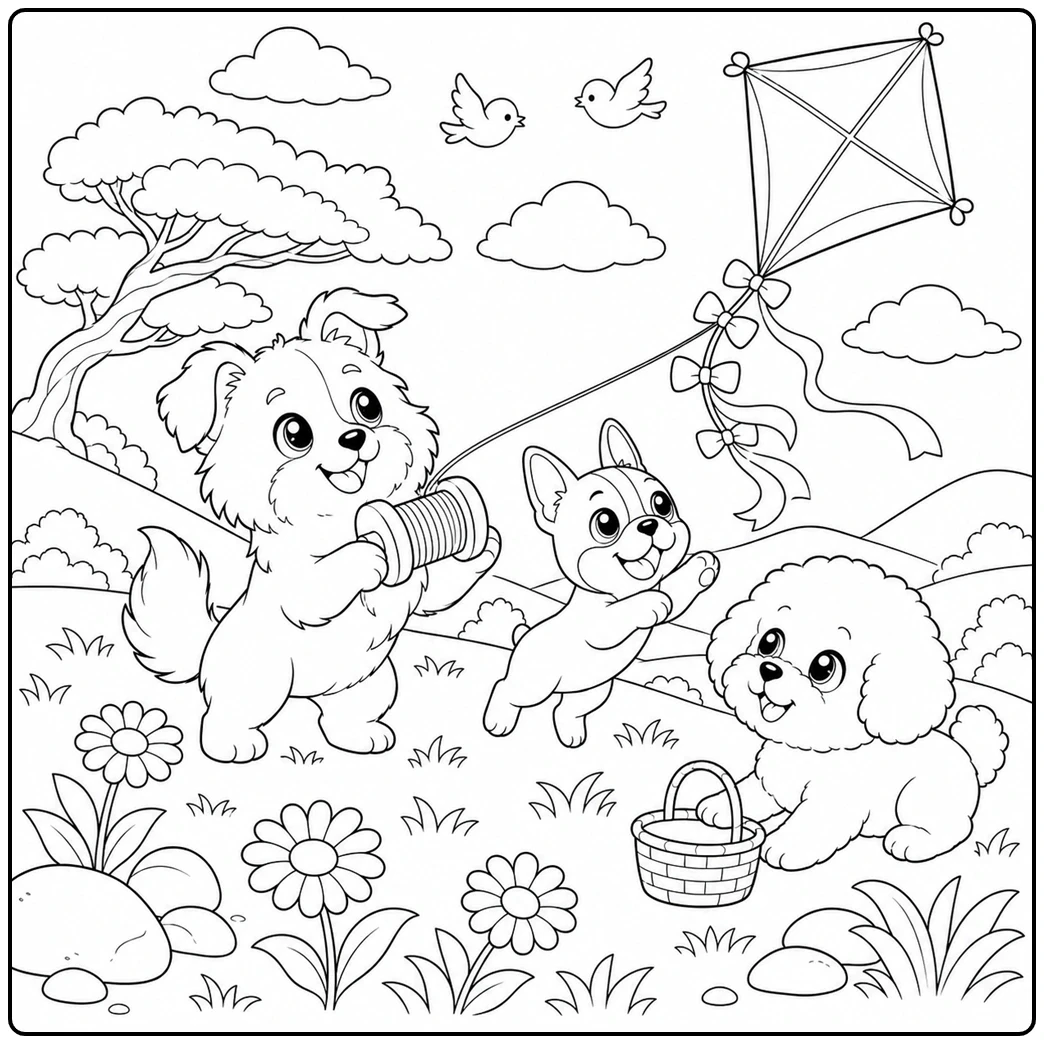 Three puppies fly a kite in a flower meadow in this kawaii dog coloring page