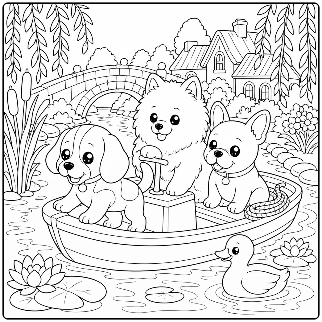Three puppies ride in a small boat near a duck, lily pads, and an arched stone bridge