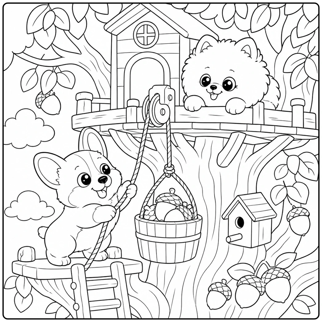Two puppies play with a rope basket beside a treehouse, birdhouse, and acorns