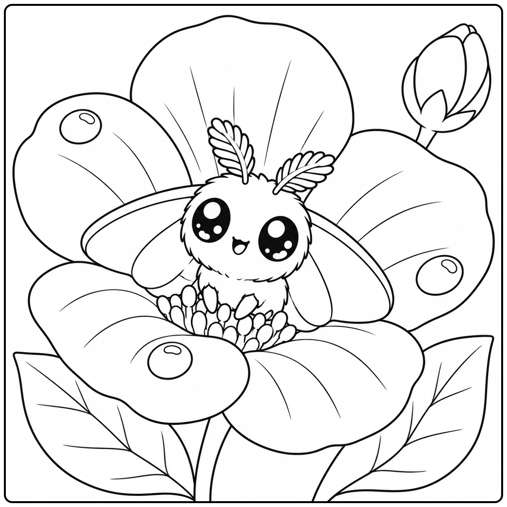 A tiny kawaii moth sits inside a large flower with broad petals and two leafy stems.