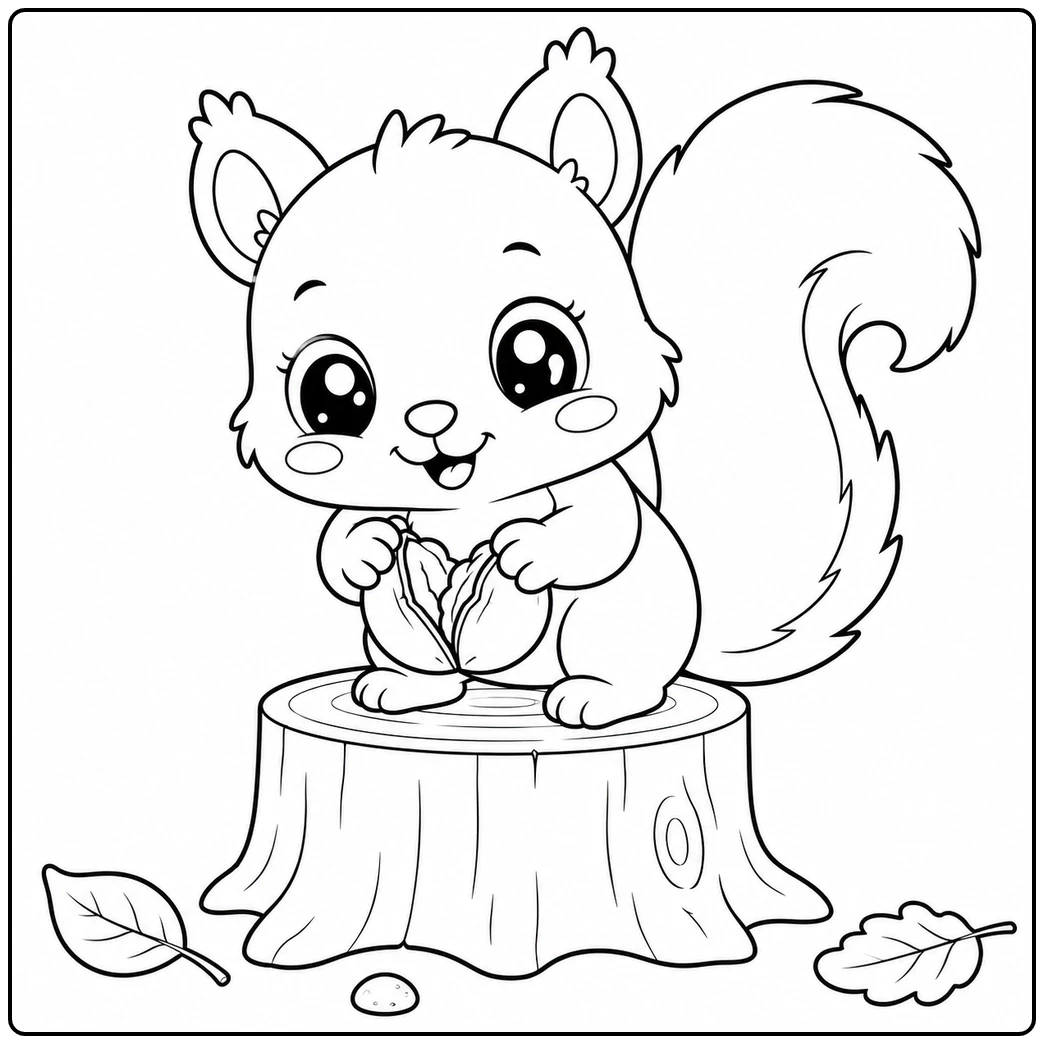Kawaii squirrel cracking a nut on a tree stump with leaves scattered below