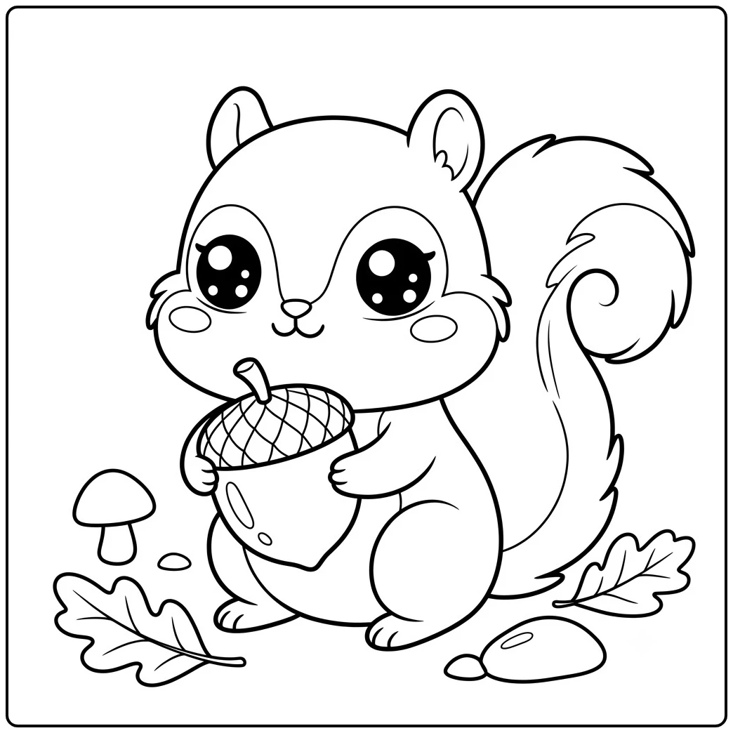 Kawaii squirrel with sparkling round eyes hugs a giant acorn beside leaves and a mushroom