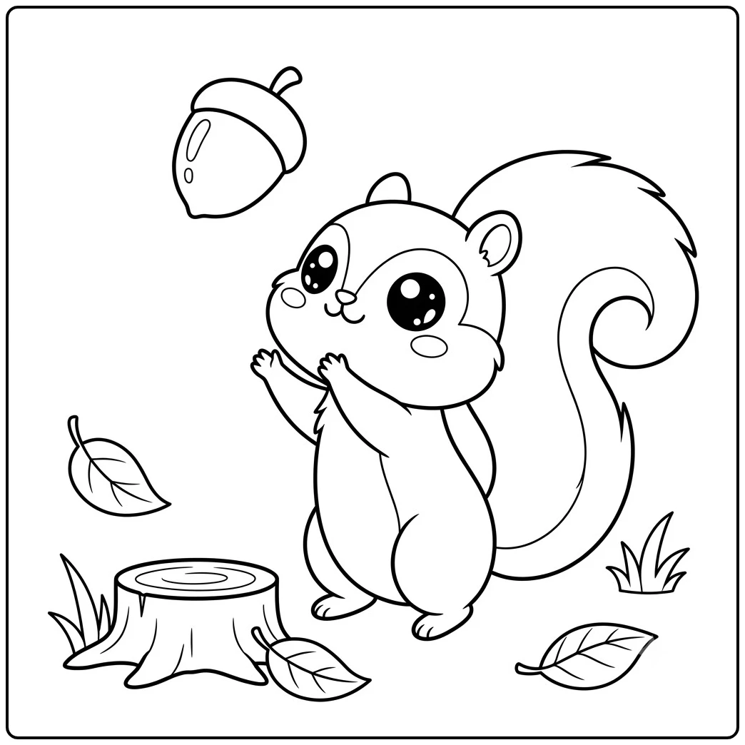 Big-eyed squirrel reaches toward a falling acorn in a simple squirrel coloring page