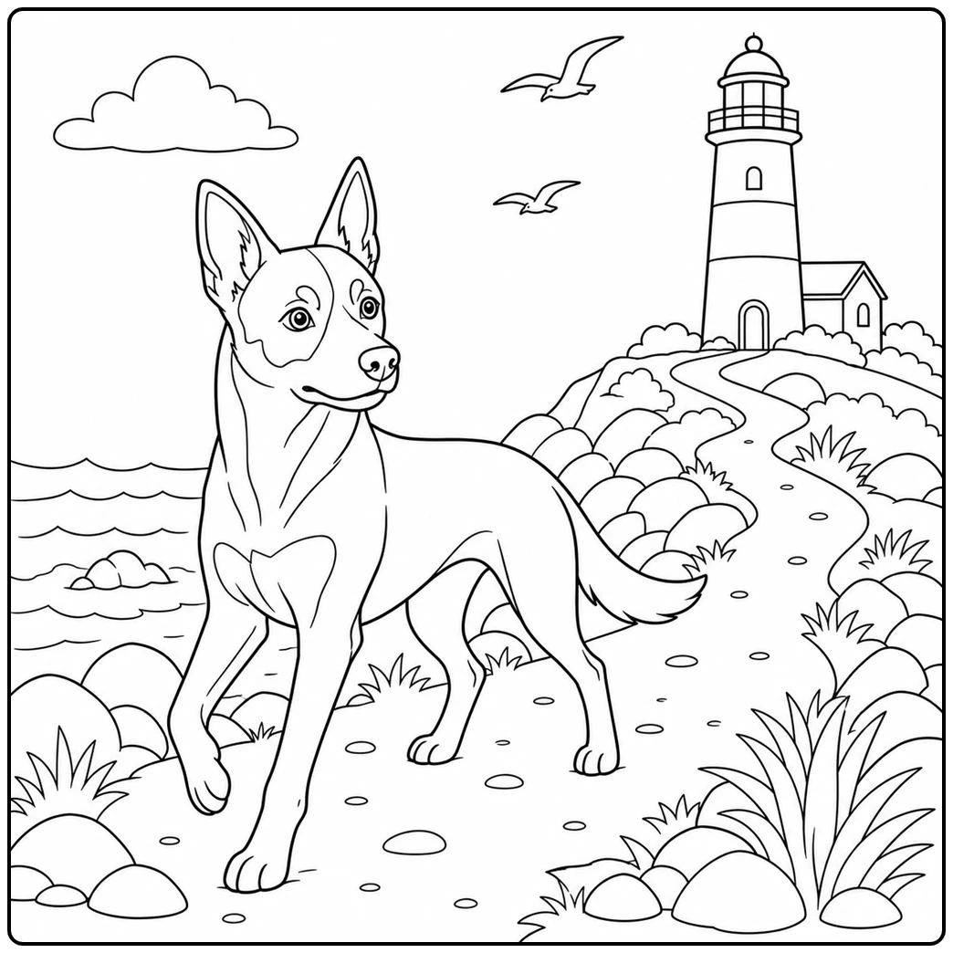 Alert Kelpie on a coastal trail with lighthouse, ocean waves, and flying birds