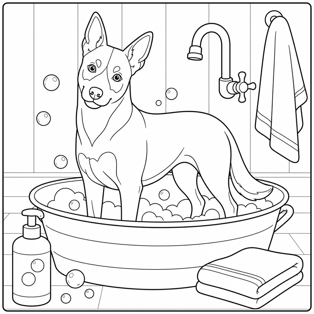 Calm Kelpie stands in a wash tub with bubbles, faucet, towel, and shampoo bottle