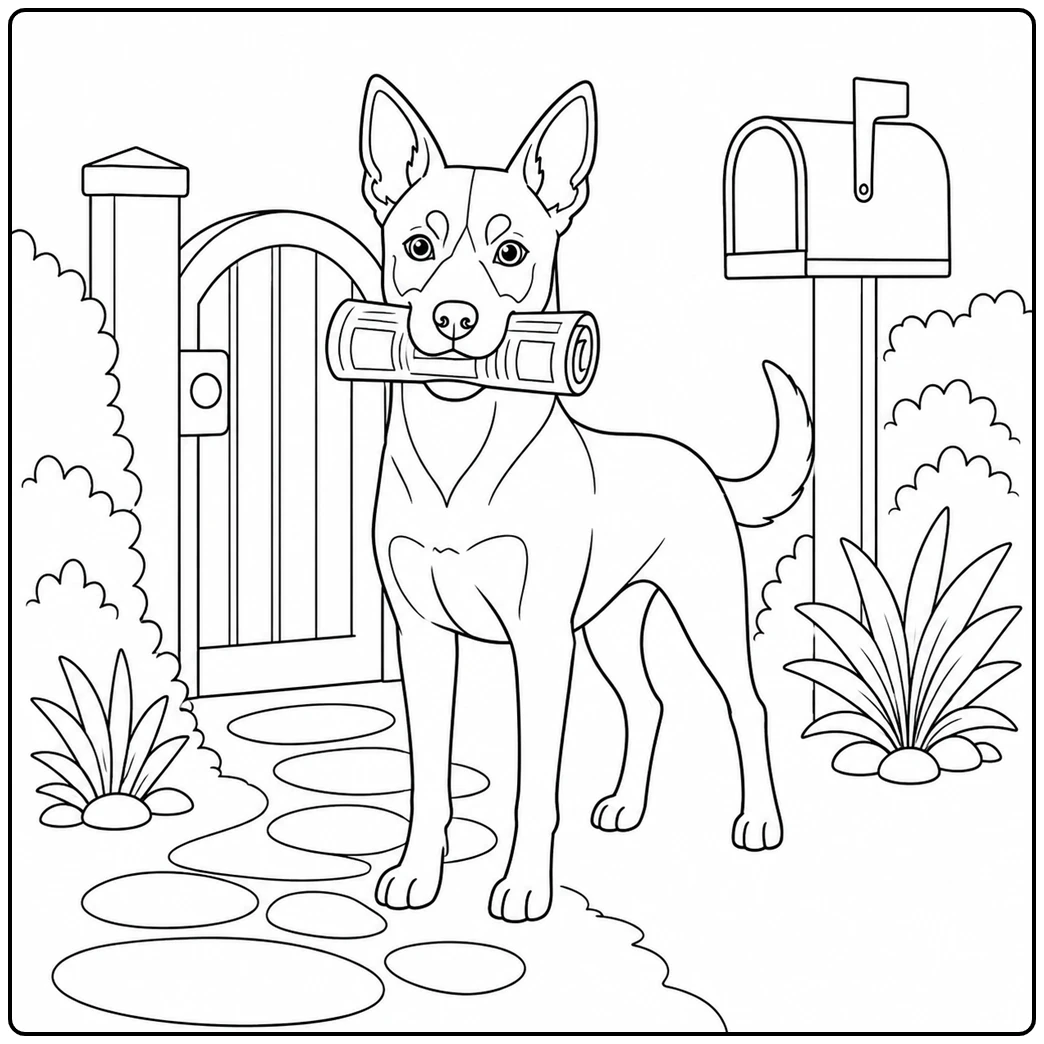 Helpful dog carries a rolled newspaper by a garden gate and mailbox
