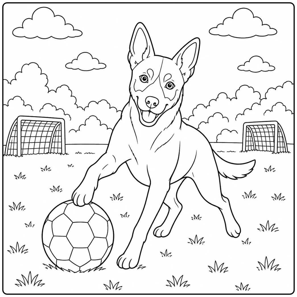Kelpie playing soccer with one paw on the ball between two small goals