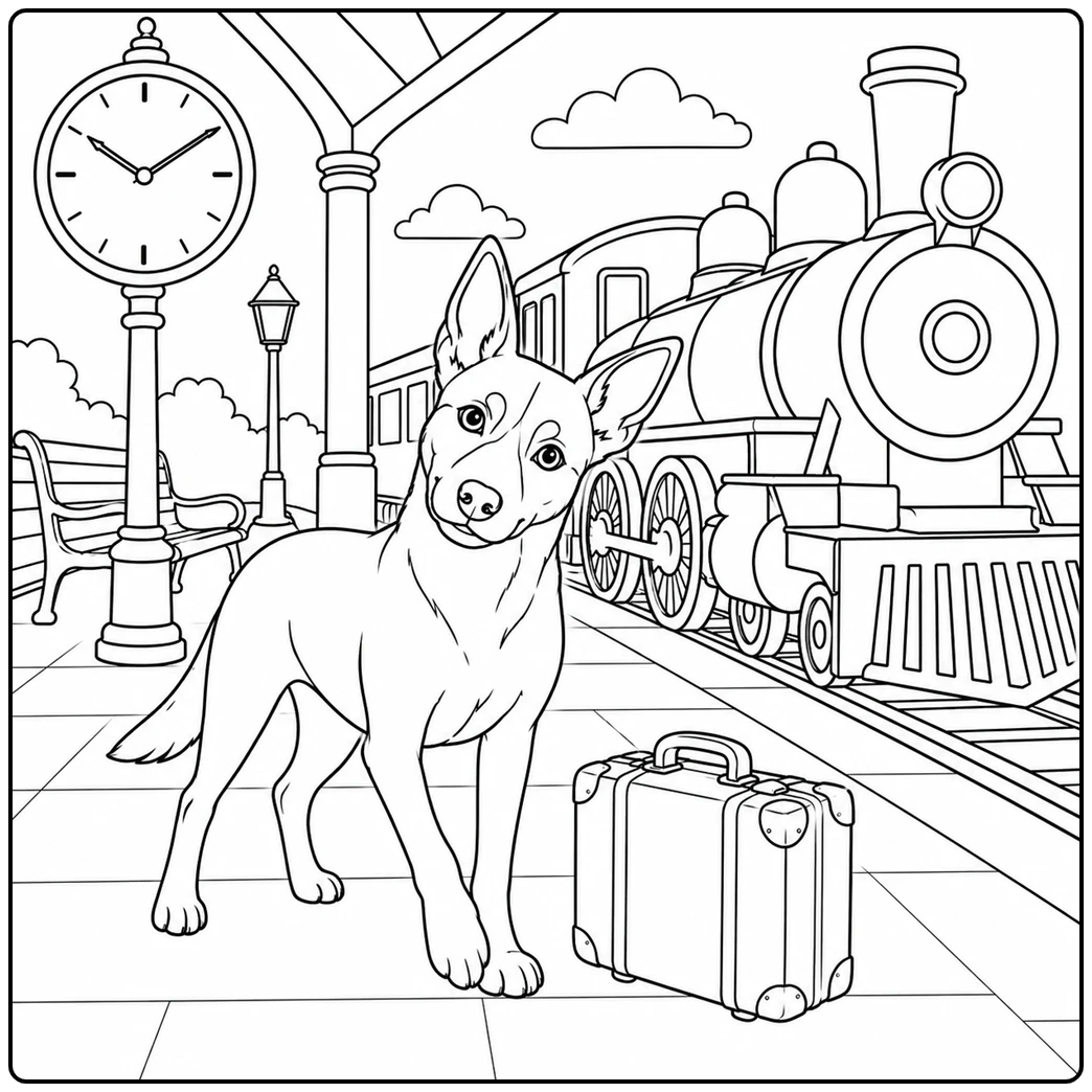 Curious Kelpie waits beside a suitcase on a station platform, kelpie colouring page