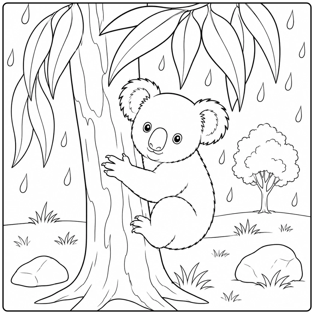 A koala coloring page features a koala climbing a eucalyptus tree during gentle rain