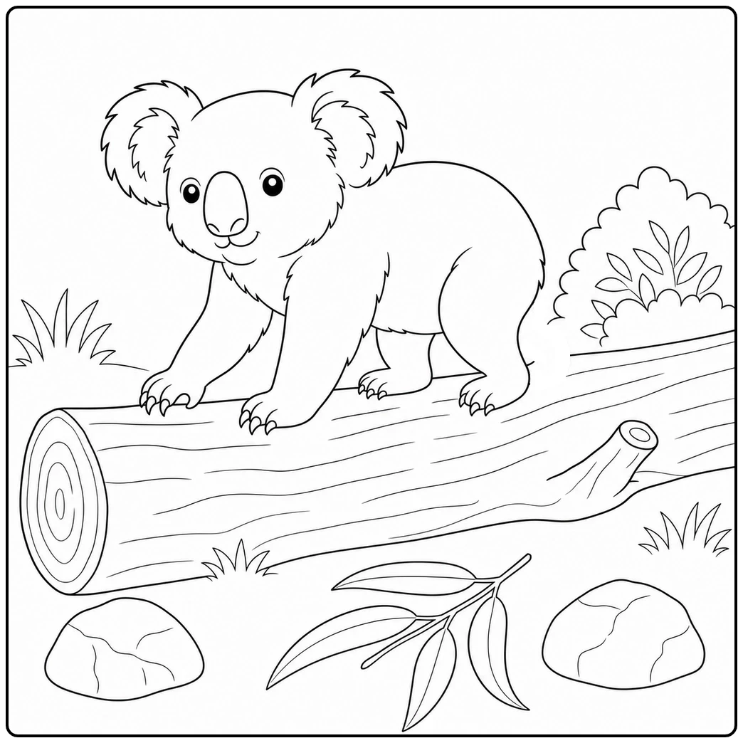 A young koala crosses a fallen log surrounded by rocks, shrubs, and eucalyptus leaves