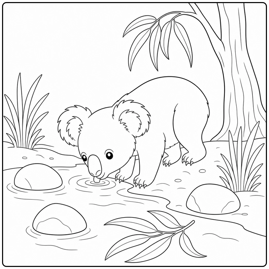 Koala drinking from a woodland stream in a koala coloring page with rocks and reeds