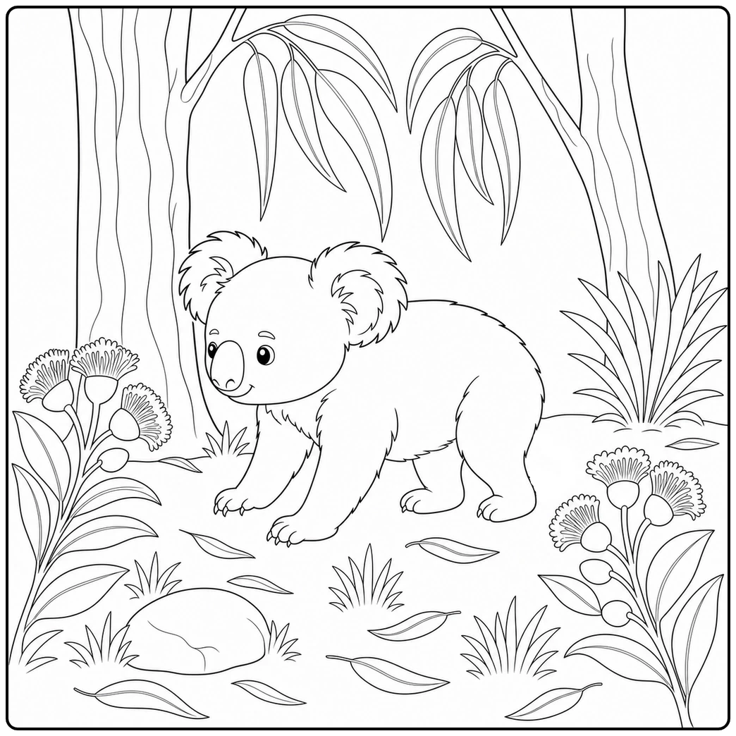 Koala strolls through a eucalyptus grove filled with flowers, rocks, and fallen leaves