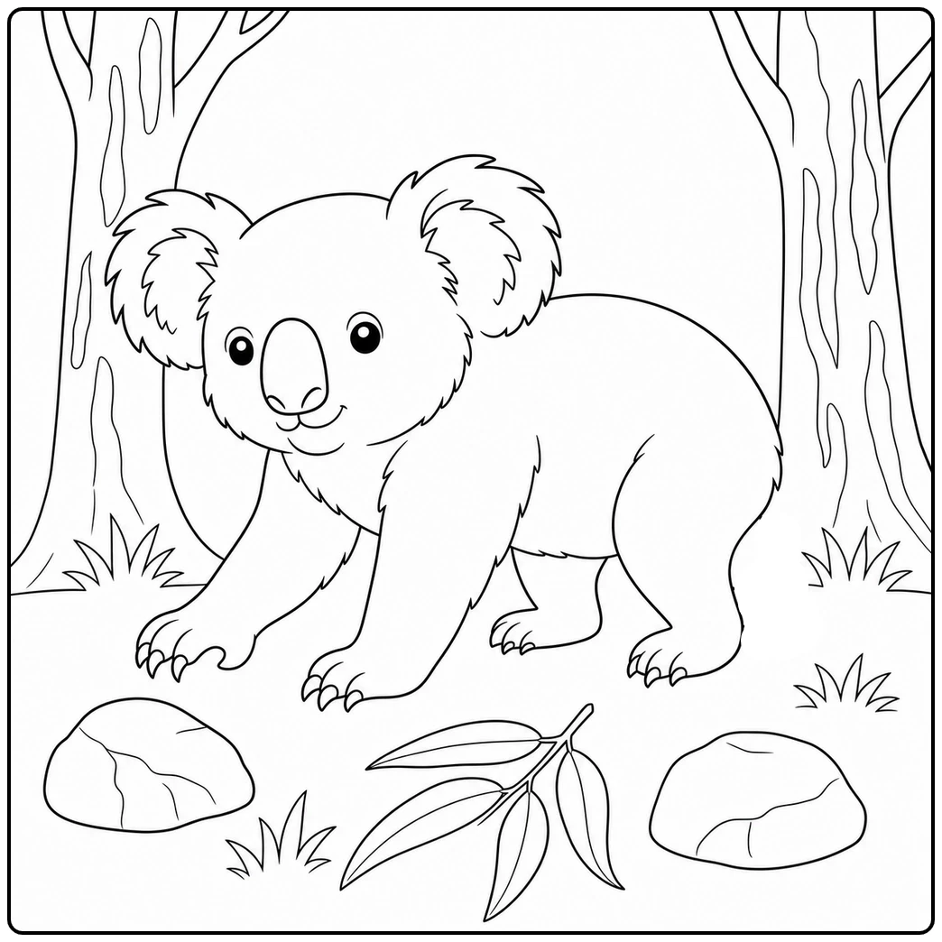 Koala coloring page with a koala walking between eucalyptus trees, rocks, and leaves