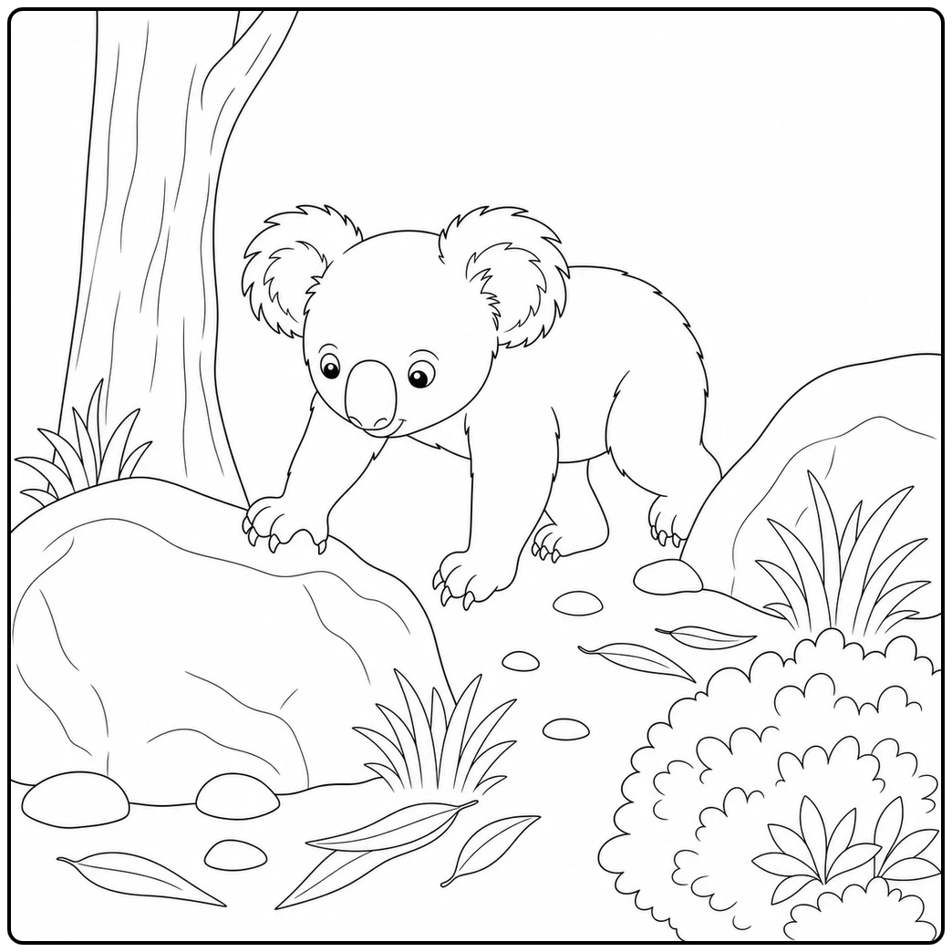 Young koala walks carefully among large rocks, grasses, shrubs, and fallen leaves
